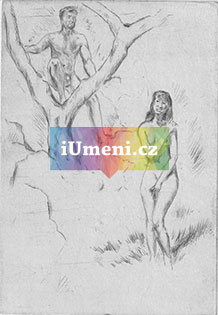 Nymfa a satyr na stromě - obrázek